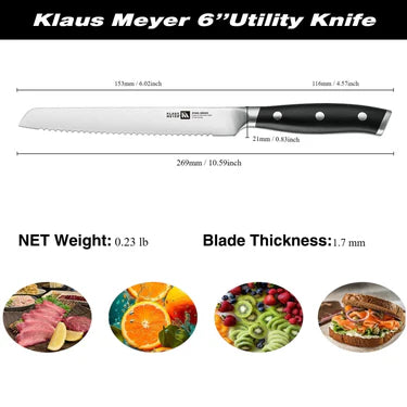 Klaus Meyer 6" Utility Knife with measurements and food images below