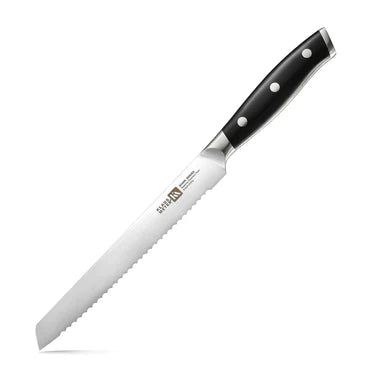 Klaus Meyer Stahl Serrated knife with a black handle on a white background