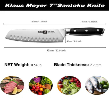 Klaus Meyer 7" Santoku Knife with measurements and product details on a white background