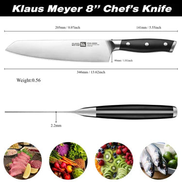 Klaus Meyer 8-inch chef's knife with measurements and weight details, surrounded by food images.