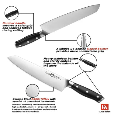 Klaus Meyer Stahl Chef's Knife with labeled features on a white background