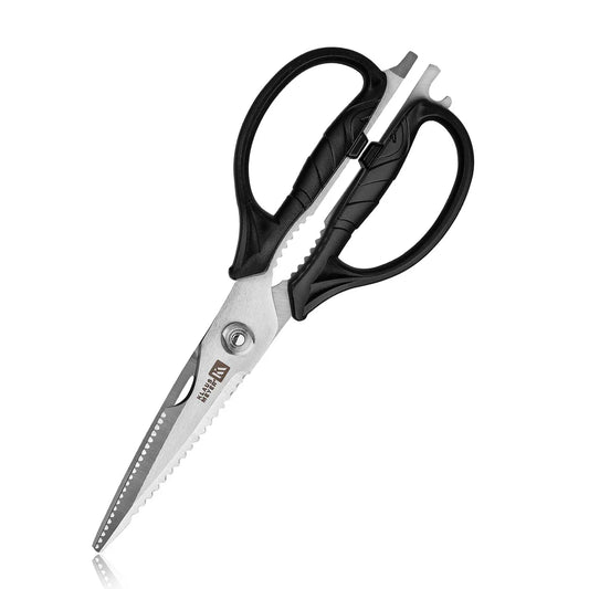 Klaus Meyer Utility Kitchen Scissors with black handles on a white background