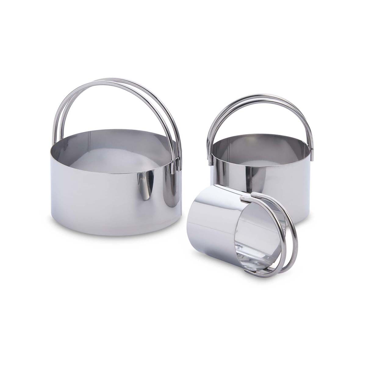 Set of three stainless steel cookie and biscuit cutters with handles on a white background