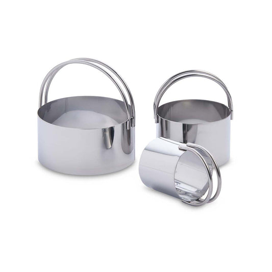 Set of three stainless steel cookie and biscuit cutters with handles on a white background