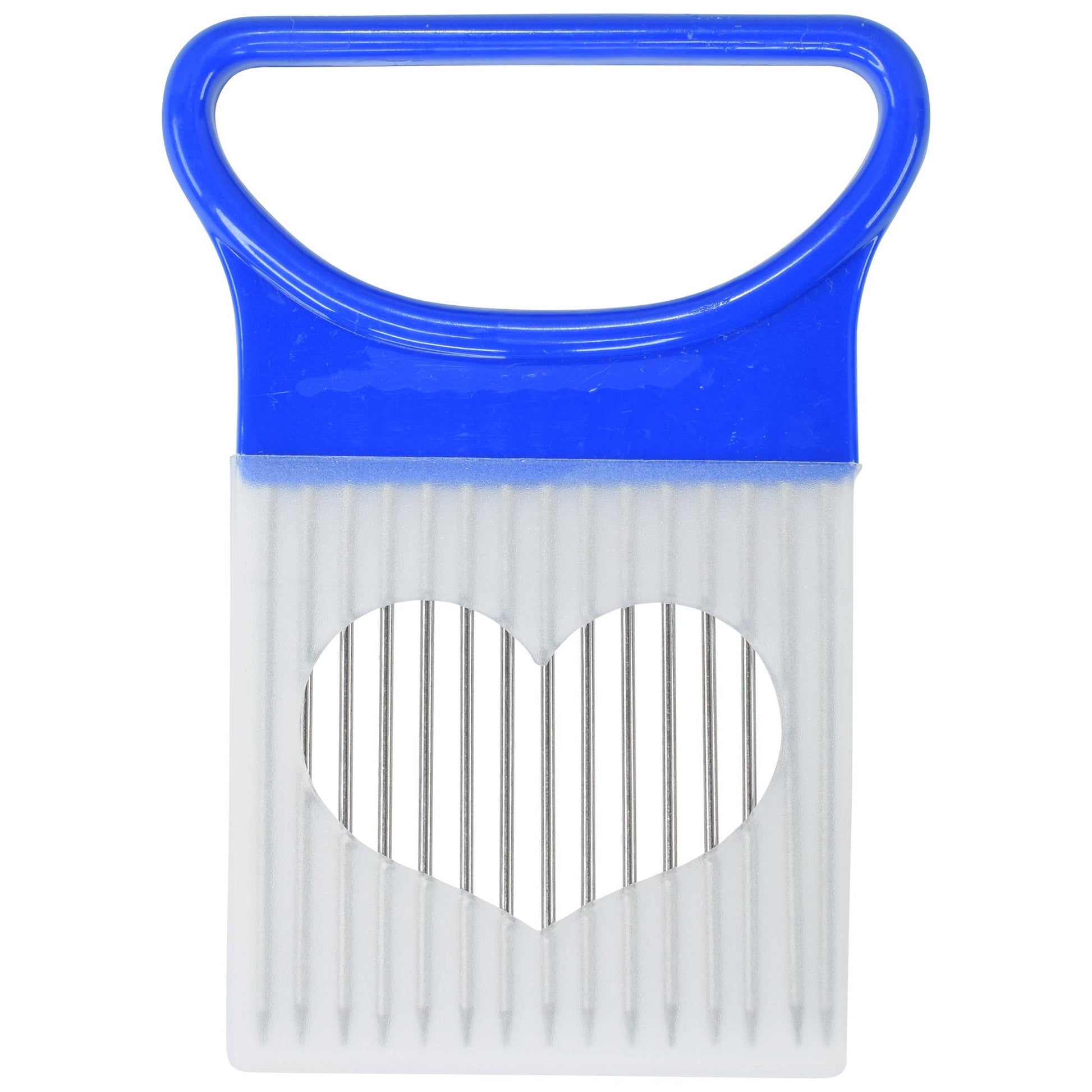 Onion Slicer with blue handle on a white background