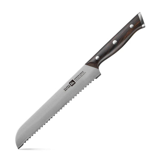  Klaus Meyer Rondure bread knife. Serrated bread knife with wooden handle on a white background