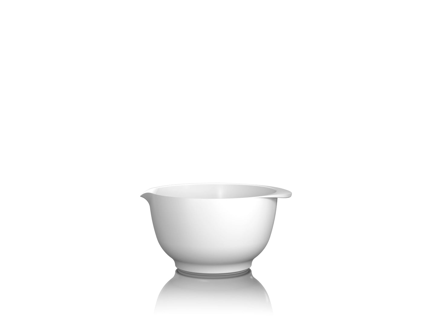 A white Rosti 0.5L mixing bowl with a small pouring spout on each side, shown on a clean white background with a soft reflection below.