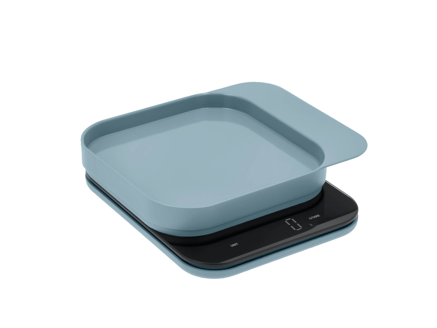 Dusty blue Rosti Mensura kitchen scale with a lid on a white background