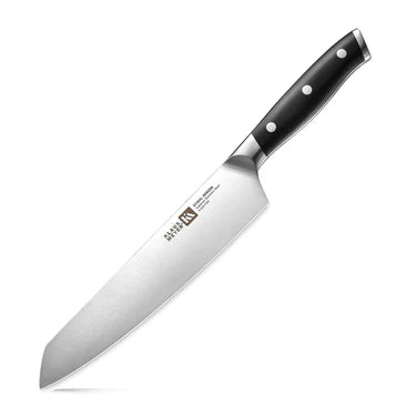 Klaus Meyer Stahl Chef's knife with a black handle on a white background