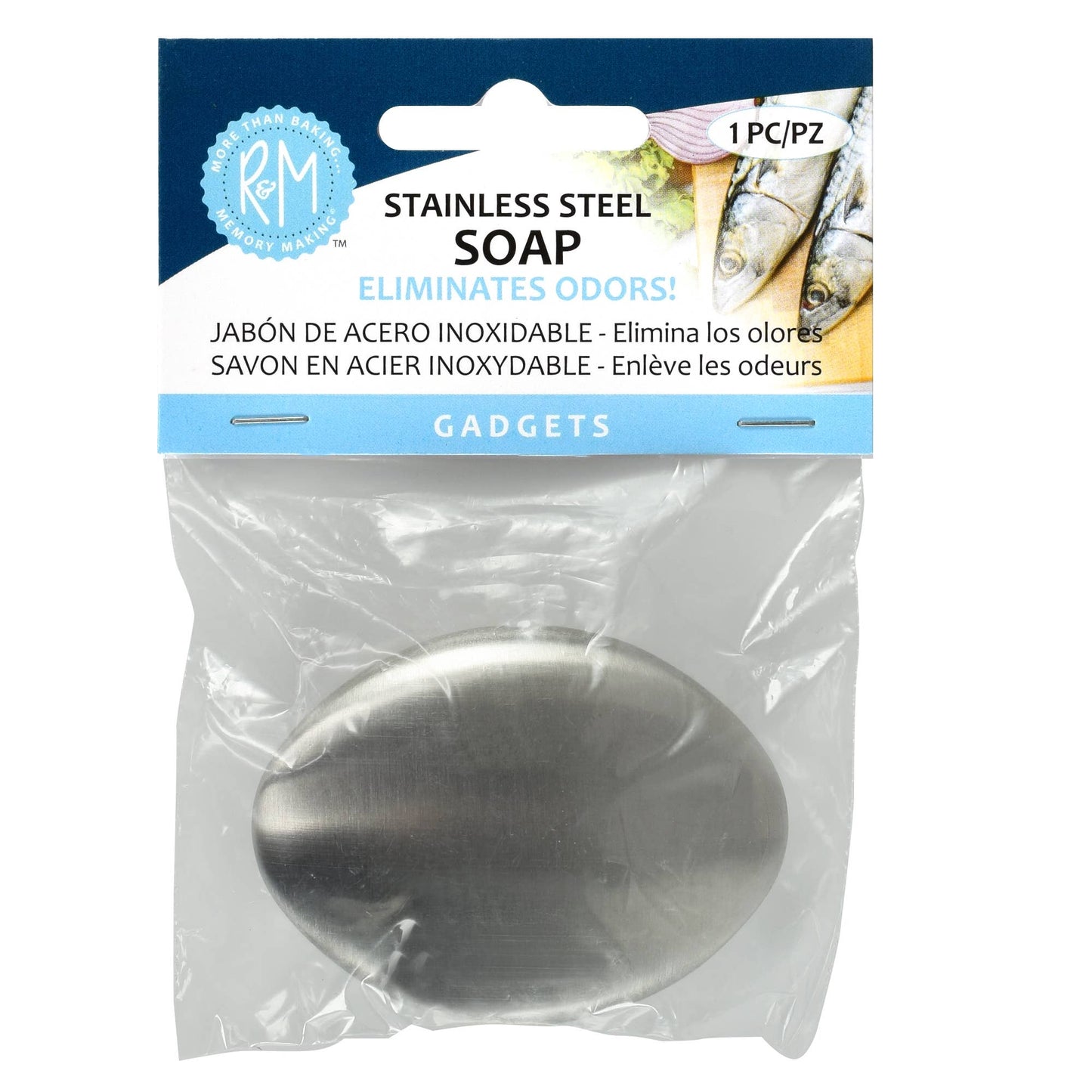 Stainless steel soap in packaging with brand logo and product details.