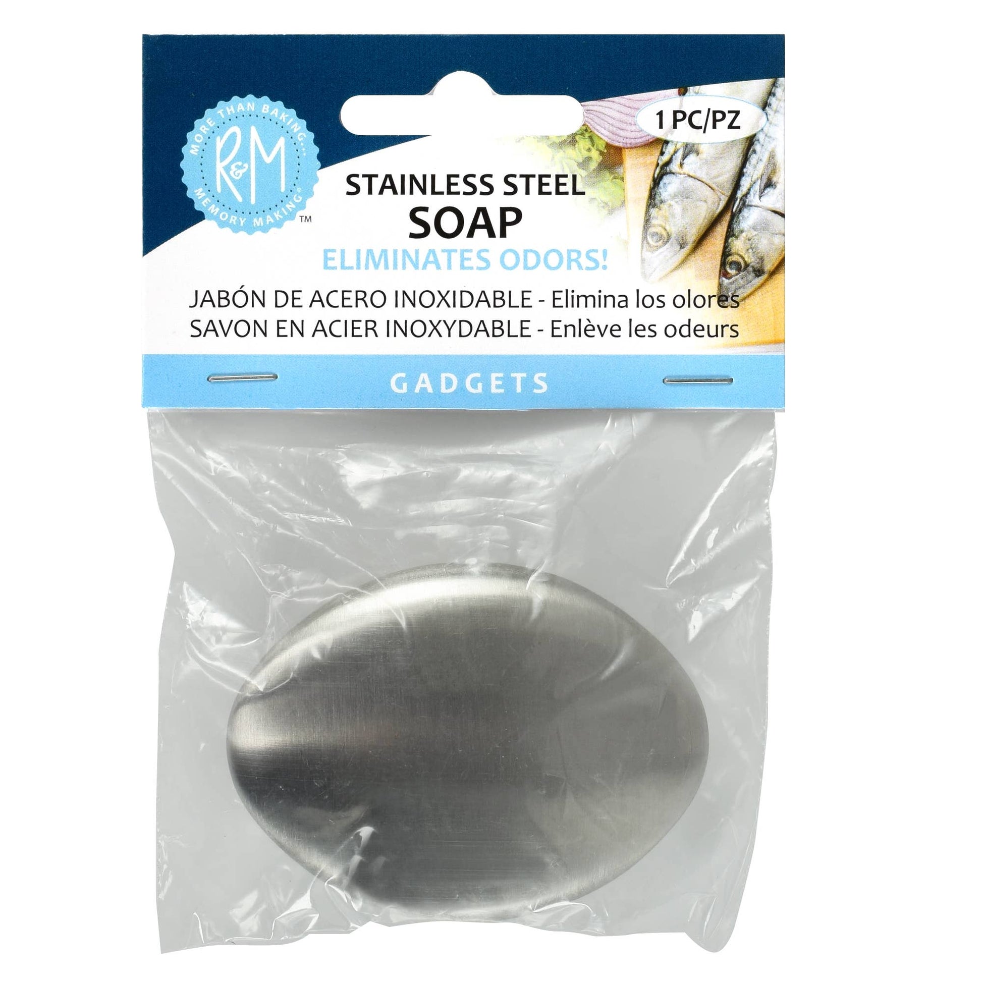 Stainless steel soap in packaging with brand logo and product details.