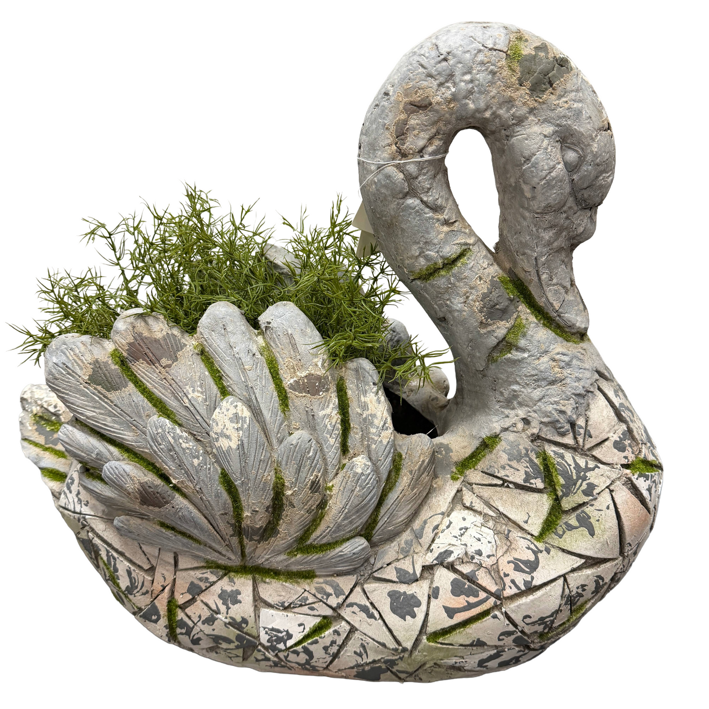 Decorative stone swan planter with greenery on a white background