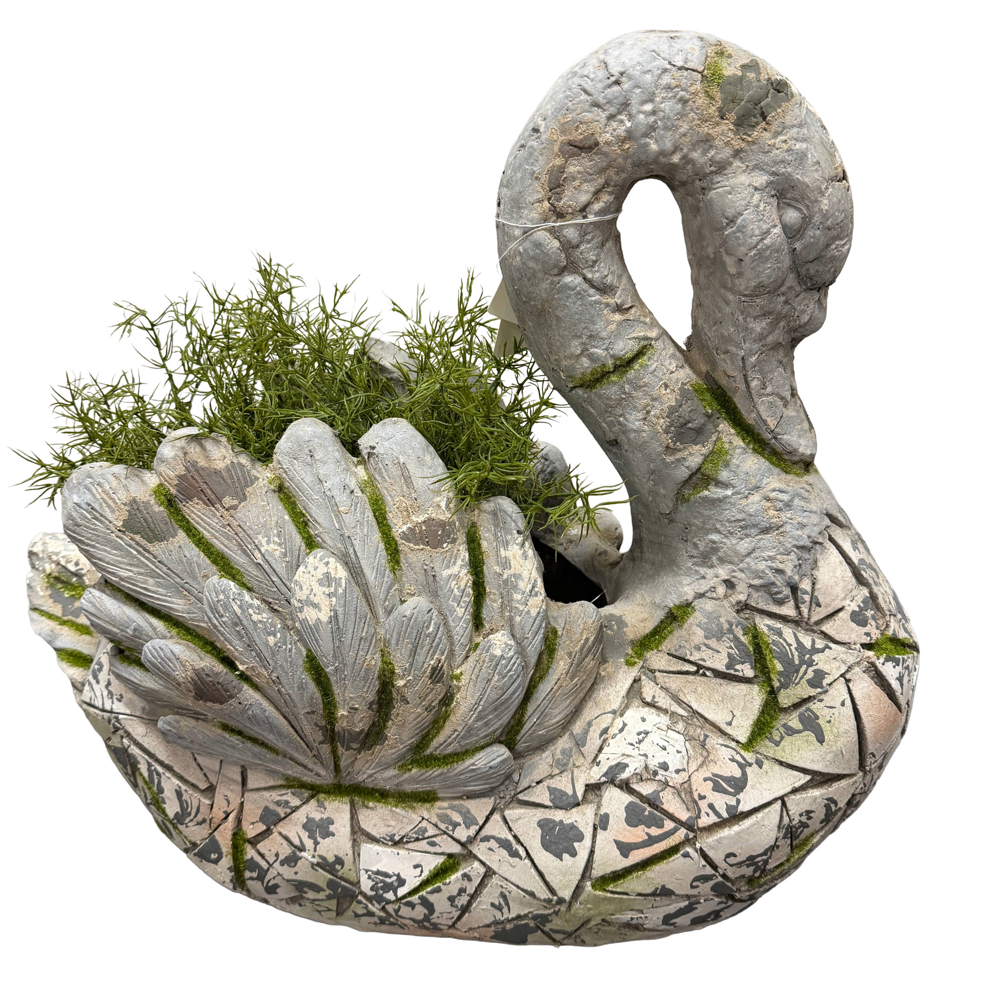 Decorative stone swan planter with greenery on a white background